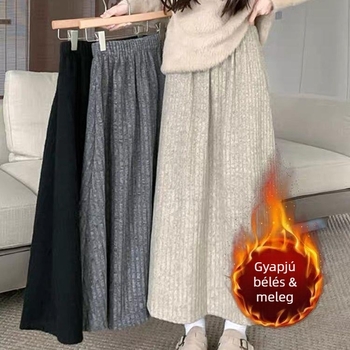 Női A-vonalú fleece-bélésű szoknya, elasztikus derékkal, szürke, midi hosszúságú