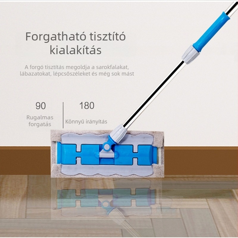 Lapos mop háztartási használatra rozsdamentes acél nyéllel, fej csipeszes, állítható hosszúságú 80–130 cm, mikroszálas kendő fa padlókhoz