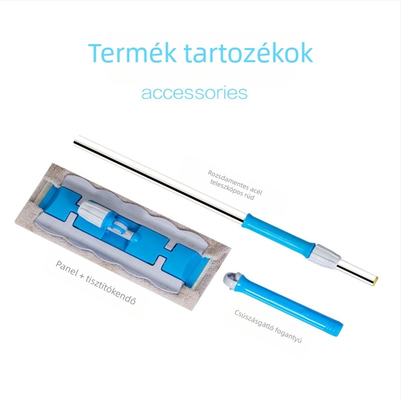 Lapos mop háztartási használatra rozsdamentes acél nyéllel, fej csipeszes, állítható hosszúságú 80–130 cm, mikroszálas kendő fa padlókhoz