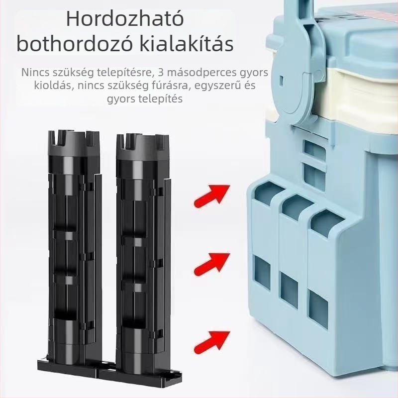 Csali-doboz kiegészítők: hordozható botbetöltő, levehető vízcsés tartó, ólomnehéz súlyok tárolása, univerzális szétszerelés