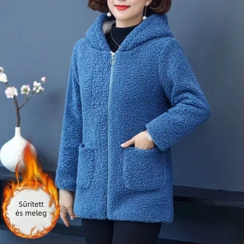 Női téli kabát báránygyapjúból, fleece béléssel és vastag töltettel, bő szabású, hosszú ujjú, polo gallér, cipzáras zárás