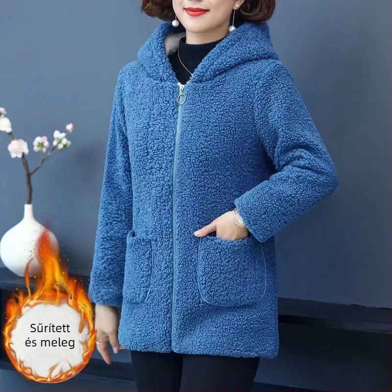 Női téli kabát báránygyapjúból, fleece béléssel és vastag töltettel, bő szabású, hosszú ujjú, polo gallér, cipzáras zárás