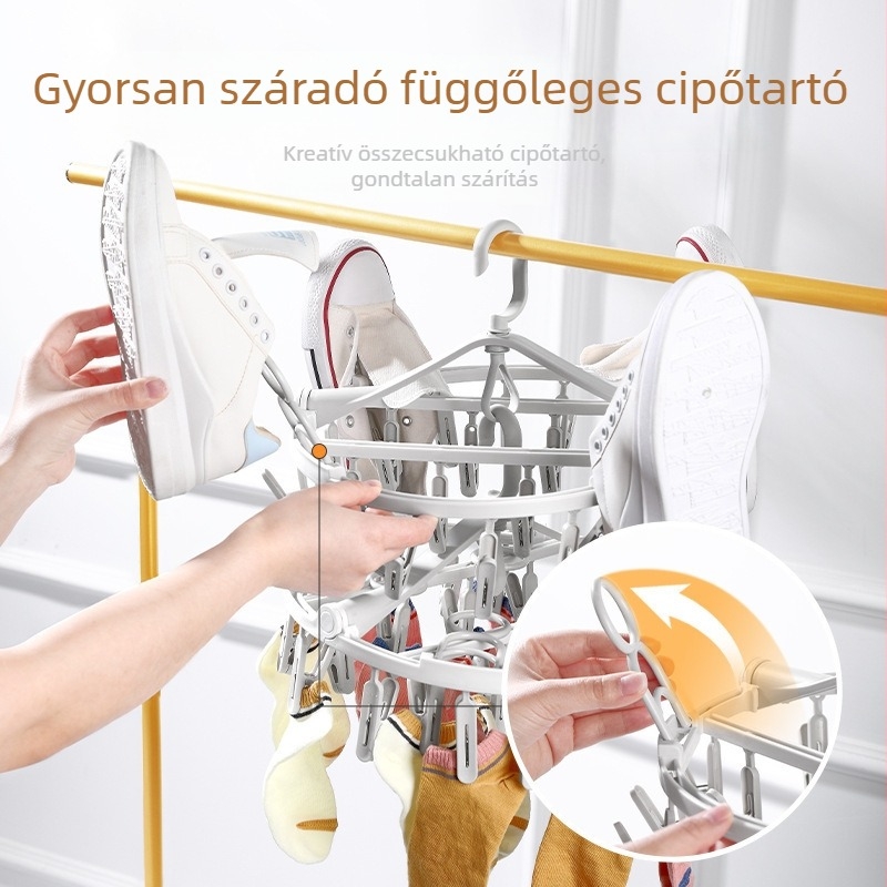 Több klipszes műanyag ruhaszárító akasztó otthoni használatra, összecsukható, forgó, fehérneműk és cipők számára, többtároló-szárító