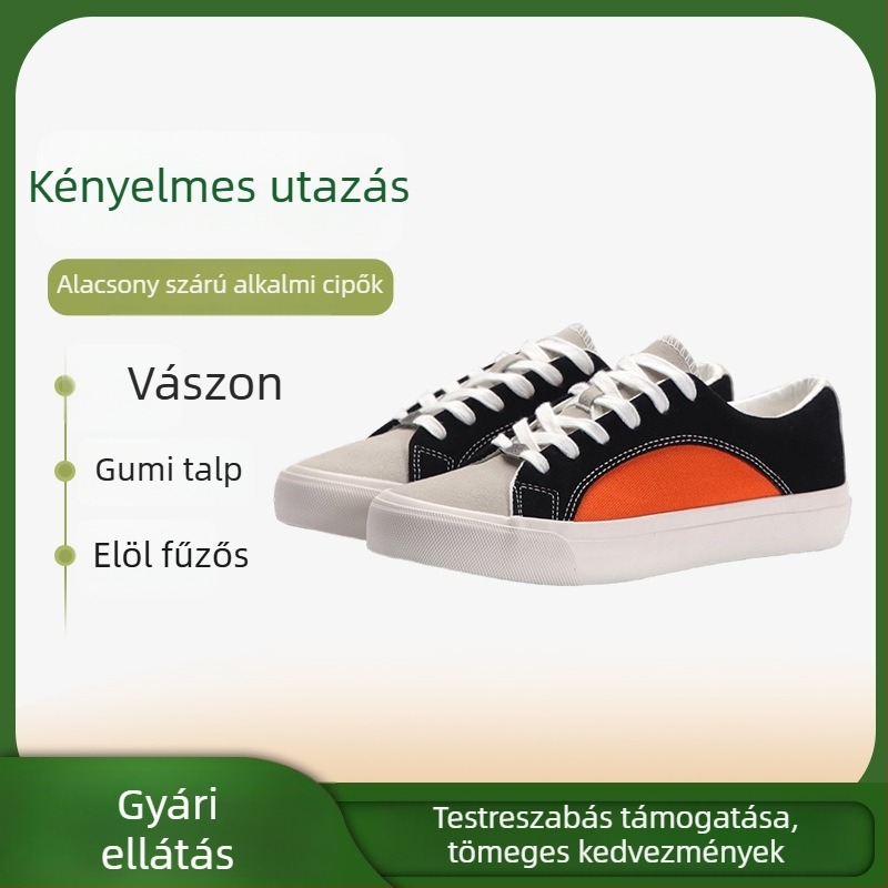 Uniszex vászon sneaker, fekete-fehér, hongkongi stílus, koreai stílus, alacsony talpú mindennapi cipő