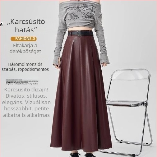 Kávébarna PU bőr hosszú pliszírozott A-vonalú szoknya, magas deréktól