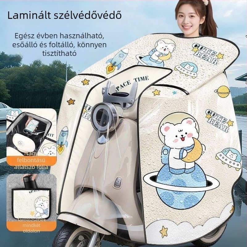 Minden évszakos elektromos jármű szélvédő takaró, közepes vastagságú, kétoldalas, vízálló, szél- és napvédő, steppelt, gyapjúmentes, nagy felbontású átláthatóság