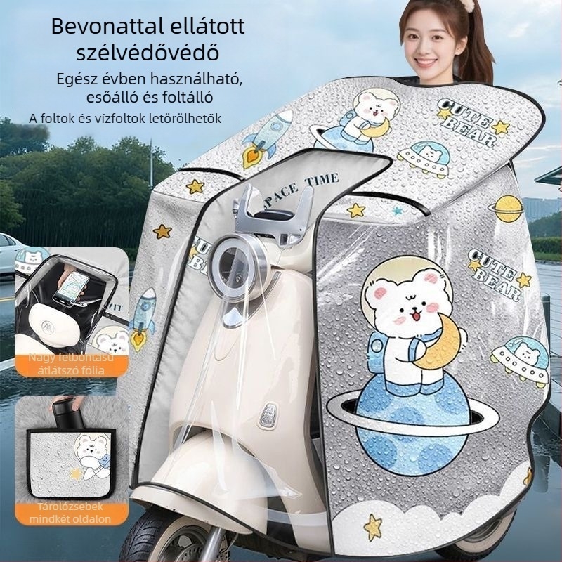 Minden évszakos elektromos jármű szélvédő takaró, közepes vastagságú, kétoldalas, vízálló, szél- és napvédő, steppelt, gyapjúmentes, nagy felbontású átláthatóság