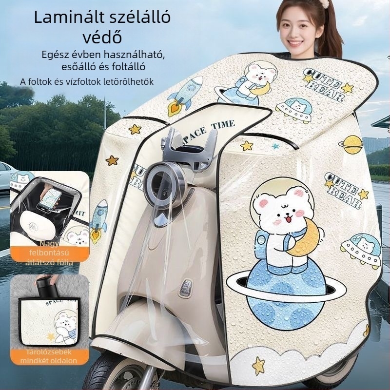 Minden évszakos elektromos jármű szélvédő takaró, közepes vastagságú, kétoldalas, vízálló, szél- és napvédő, steppelt, gyapjúmentes, nagy felbontású átláthatóság