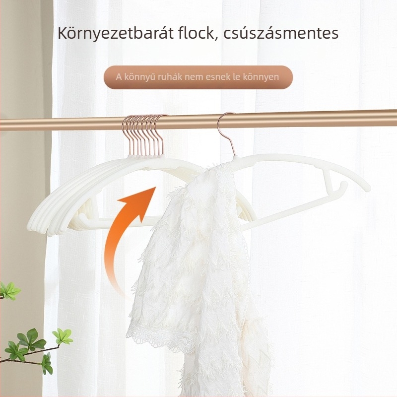 Flokkolt felületű vállfa félkör alakú, csúszásmentes, nyom nélkül hagyó vállakon, megerősített ívű gardrób fogas