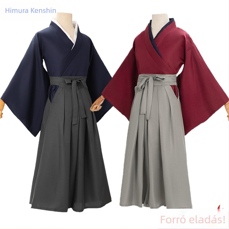 Rurouni Kenshin Himura cosplay férfiaknak, piros kendō kimono, anime jelmez