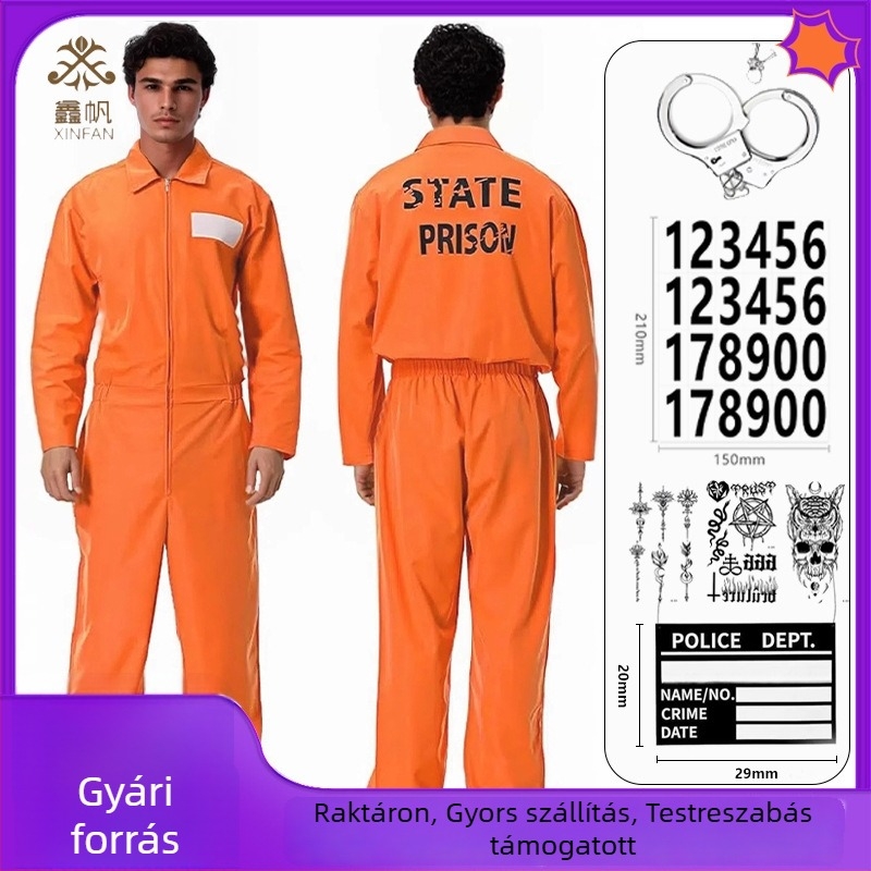 Halloween felnőtt cosplay jelmez: narancssárga rabruha kiegészítőkkel