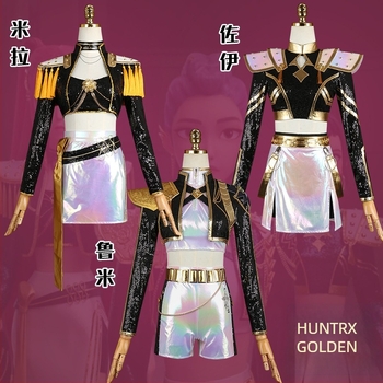 K-pop démonvadász lánycsoport cosplay ruházat, Rumi anime jelmez, Zoe előadási ruhája, Mila fekete- és arany színű színpadi kosztüm