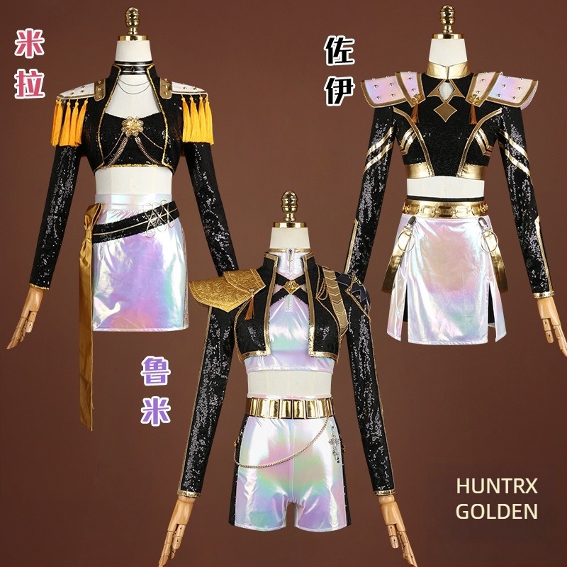 K-pop démonvadász lánycsoport cosplay ruházat, Rumi anime jelmez, Zoe előadási ruhája, Mila fekete- és arany színű színpadi kosztüm