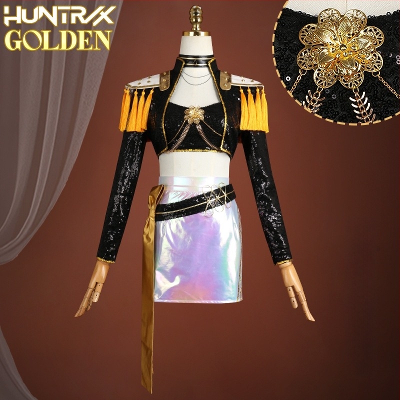 K-pop démonvadász lánycsoport cosplay ruházat, Rumi anime jelmez, Zoe előadási ruhája, Mila fekete- és arany színű színpadi kosztüm