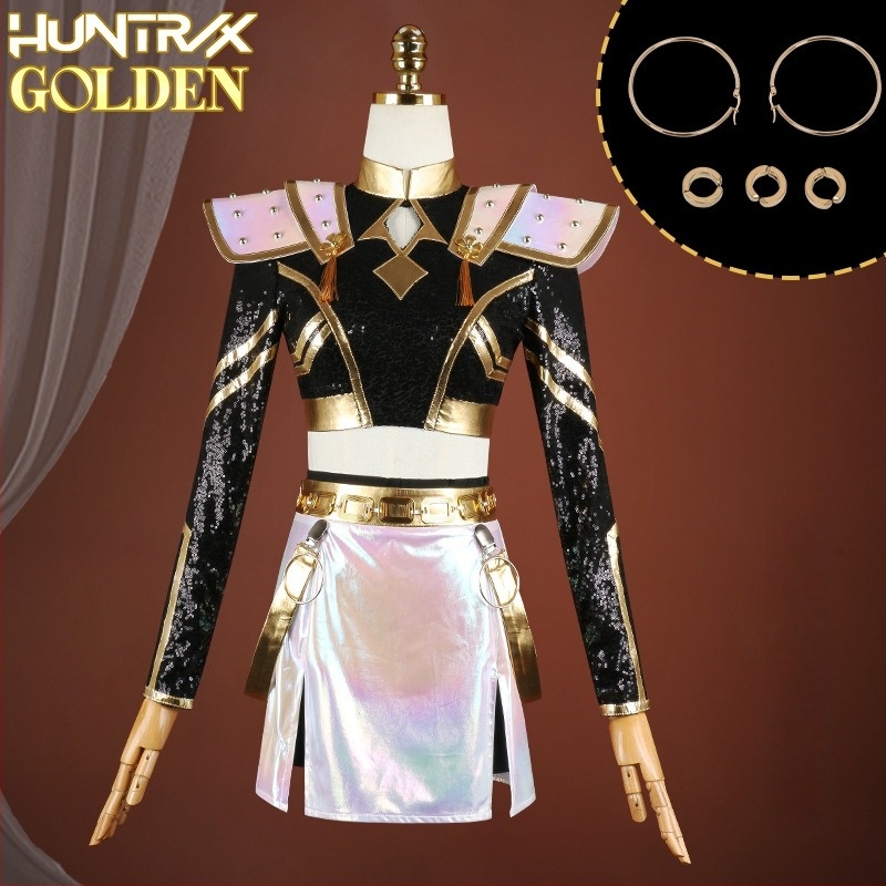 K-pop démonvadász lánycsoport cosplay ruházat, Rumi anime jelmez, Zoe előadási ruhája, Mila fekete- és arany színű színpadi kosztüm