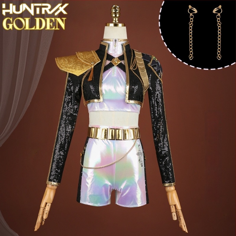 K-pop démonvadász lánycsoport cosplay ruházat, Rumi anime jelmez, Zoe előadási ruhája, Mila fekete- és arany színű színpadi kosztüm