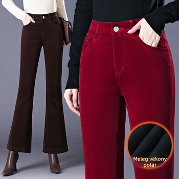 Női magas derekú corduroy nadrág, vastagított kialakítás, bootcut szabás, őszi-téli stílus
