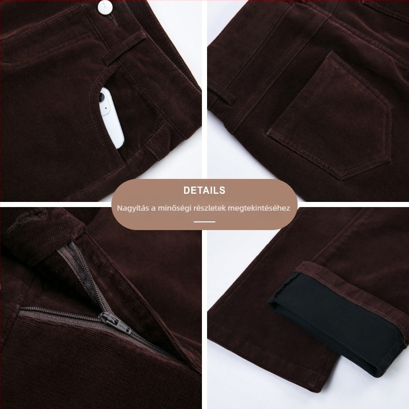 Női magas derekú corduroy nadrág, vastagított kialakítás, bootcut szabás, őszi-téli stílus