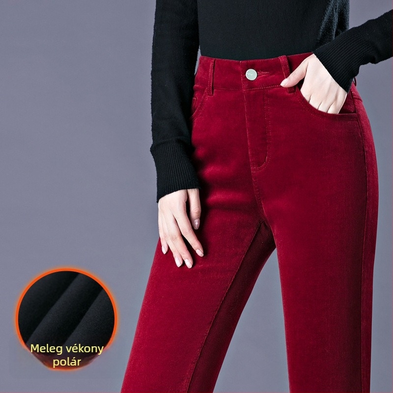 Női magas derekú corduroy nadrág, vastagított kialakítás, bootcut szabás, őszi-téli stílus