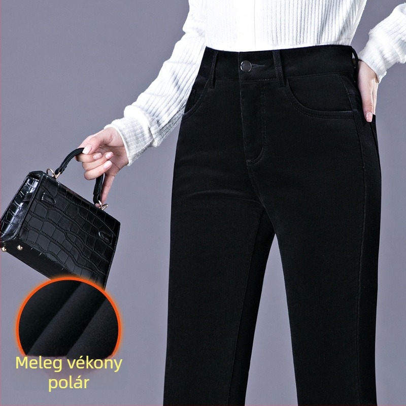 Női magas derekú corduroy nadrág, vastagított kialakítás, bootcut szabás, őszi-téli stílus