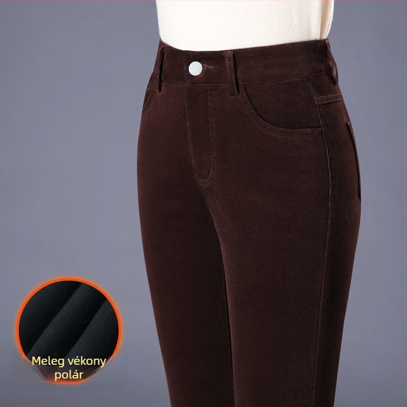 Női magas derekú corduroy nadrág, vastagított kialakítás, bootcut szabás, őszi-téli stílus