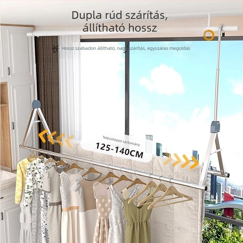 Rozsdamentes acél teleszkópos ruhaszárító állvány, állítható magasságú, dupla rúddal