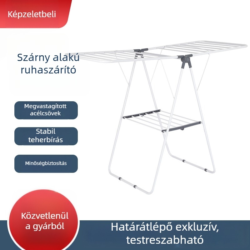 Szárny alakú, földre álló ruhaszárító állvány, beltéri és erkély használatra, összecsukható, multifunkcionális