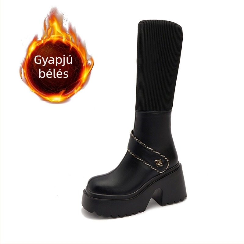 Női vastag talpú lovagcsizmák, térdig érő, zoknszerű stílus, téli viselet
