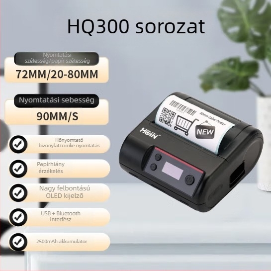 HQ300 Hordozható Bluetooth címkenyomtató mobiltelefonhoz, USB interfész, kompakt kialakítás