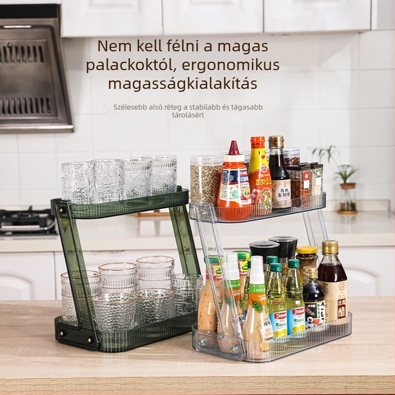 Megvastagított, kétszintes tároló, átlátszó asztali szervező a konyhának és kozmetikumoknak