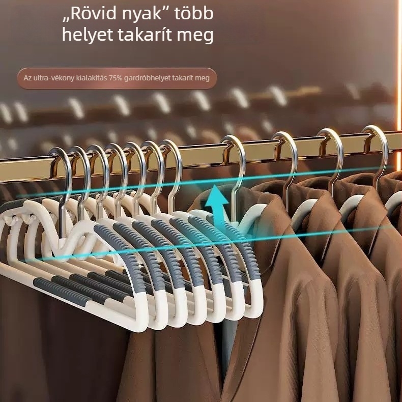 Átlátszó új anyagból készült vállfa, rövid nyakkal, csúszásmentes, vastított kivitel, szekrényhez, helytakarékos