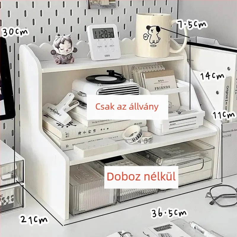 Asztali tároló állvány emelt polccal, irodai könyvespolc