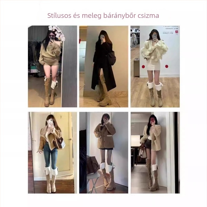Női térd fölé érő csizma, két hordozási mód, vastag fleece-bélés, melegen tartó téli lábbeli, barna, Western stílus