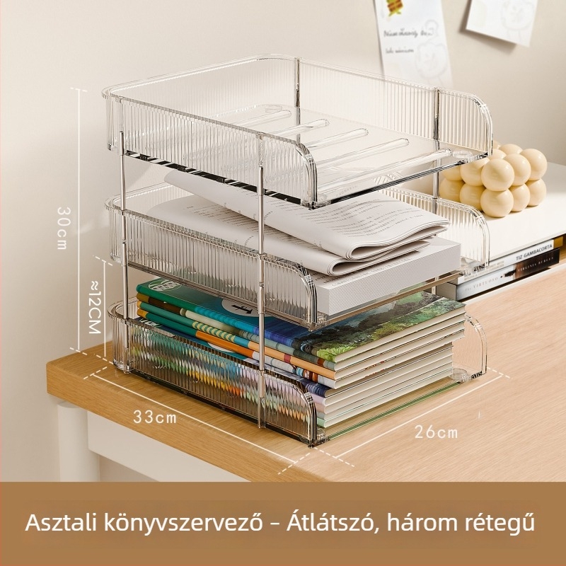 Átlátszó asztali tároló doboz dokumentumokhoz, több rétegű tároló állvány