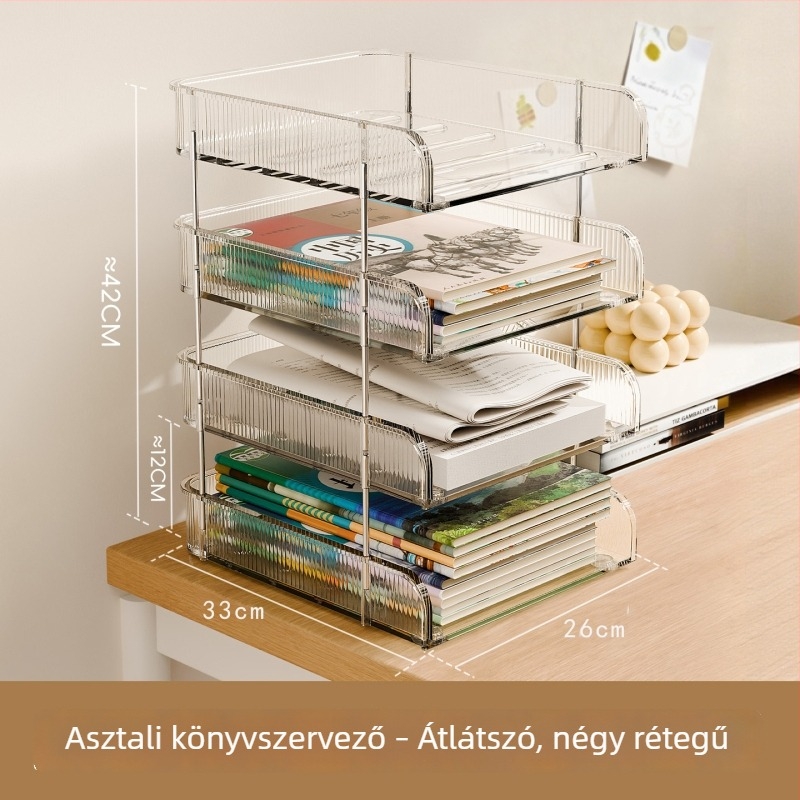 Átlátszó asztali tároló doboz dokumentumokhoz, több rétegű tároló állvány