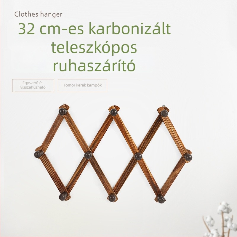 Teleszkópos összecsukható ruhaszárító állvány, falra szerelhető, karbonizált fenyőből