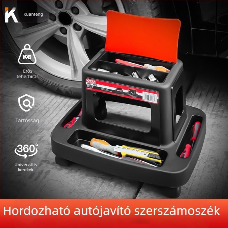 Mobil autójavító szék kerekekkel, polírozó fólia és javító eszközök, munkaszék tárolóval