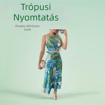 Nyomtatott kötőpántos rövid top és magas derekú midi szoknya – két darabos nyári szett