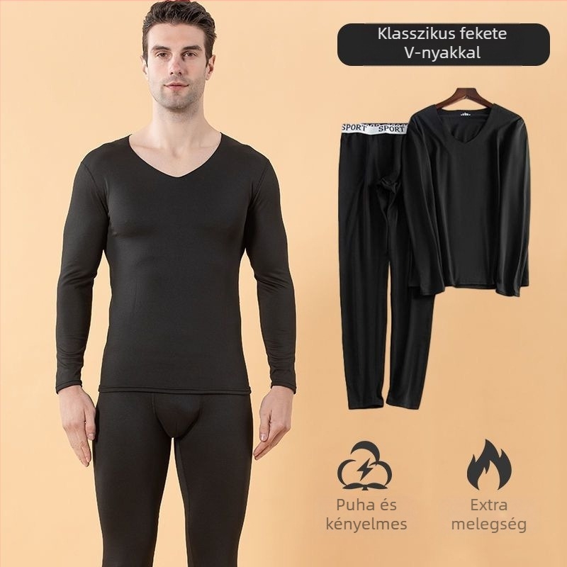 Férfi ultra vékony, varrat nélküli melegítőszett, V-nyakú, fleece-béléssel, milk silk anyaggal, ősz-télre