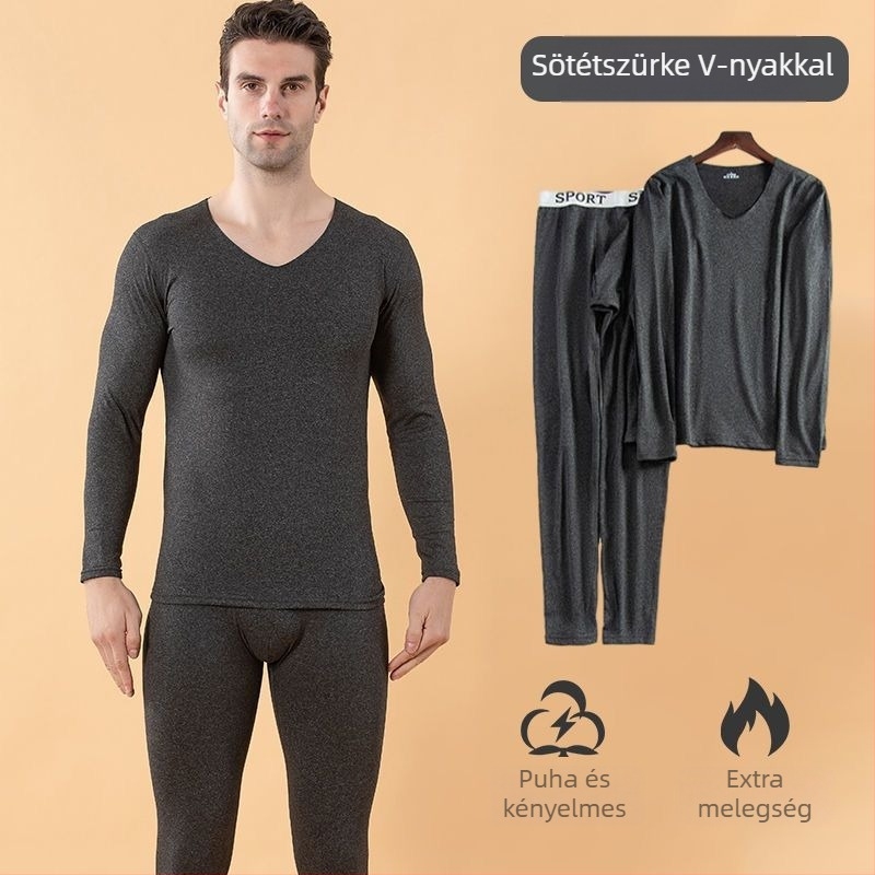 Férfi ultra vékony, varrat nélküli melegítőszett, V-nyakú, fleece-béléssel, milk silk anyaggal, ősz-télre