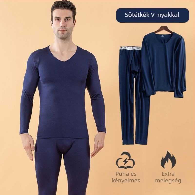 Férfi ultra vékony, varrat nélküli melegítőszett, V-nyakú, fleece-béléssel, milk silk anyaggal, ősz-télre