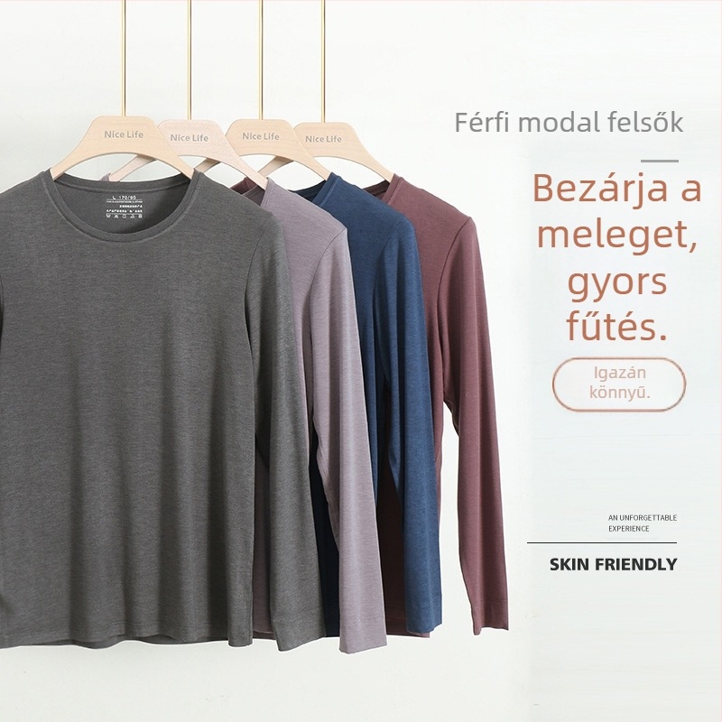 Férfi modal hosszú ujjú alapréteg felső, vékony, egyszínű, ősz-télre