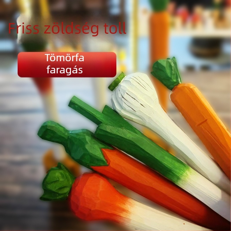 Kézzel faragott fa díszek és zöldségek motívumú gél tollak; tanulási eszközök, ajándékok