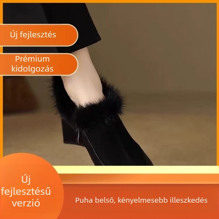 Dopamine női szőrös magassarkú cipő, vastag sarokkal, hegyes orral, meleg téli lábbeli