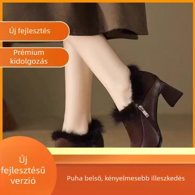 Dopamine női szőrös magassarkú cipő, vastag sarokkal, hegyes orral, meleg téli lábbeli