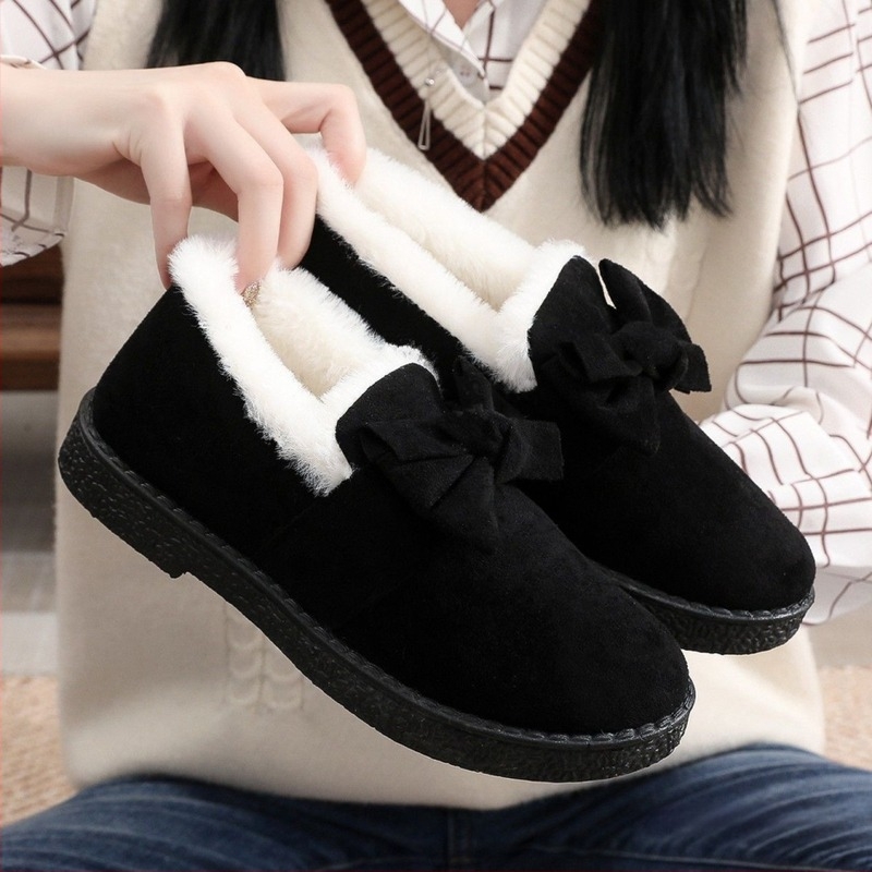 Női pamutcipő Old Beijing stílusban, fleece béléssel, meleg és vastag slip‑on hócipő masnival