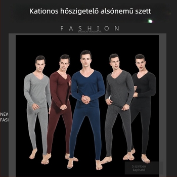 Férfi fleece-beleléssel készült termoszett, vékony kötött anyagból, karcsú szabású felső pulóver környakú és közepes derekú nadrág, meleg alapréteg
