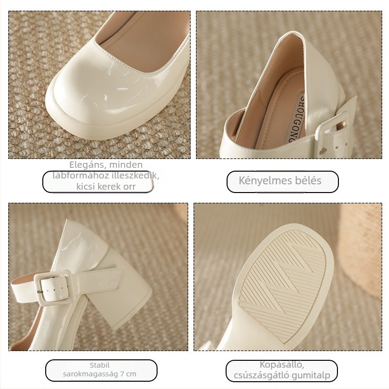 Női Mary Jane bőr cipő, 7 cm-es vastag sarok, négyszögletes orr, slip-on, kényelmes