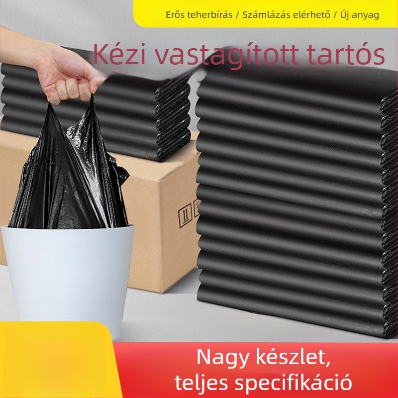 Fekete, fogantyús vastagított szemeteszsákok otthoni konyhai csomagoláshoz és tároláshoz