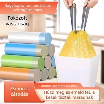 Húzózsinóros szemeteszsákok vastagított kivitelben háztartási használatra, fogantyúval, nagy méretű, ideális konyhához és kollégiumhoz